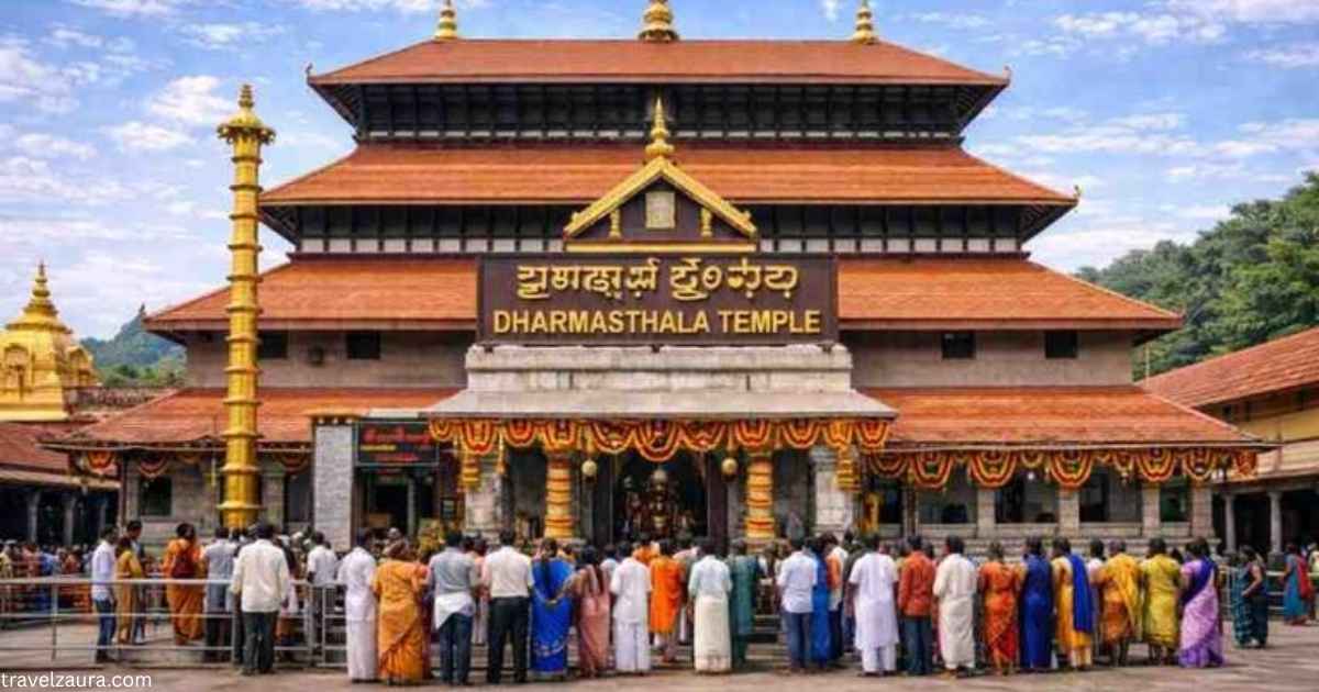 Dharmasthala Temple gopuram surrounded by lush greenery in Karnataka.
