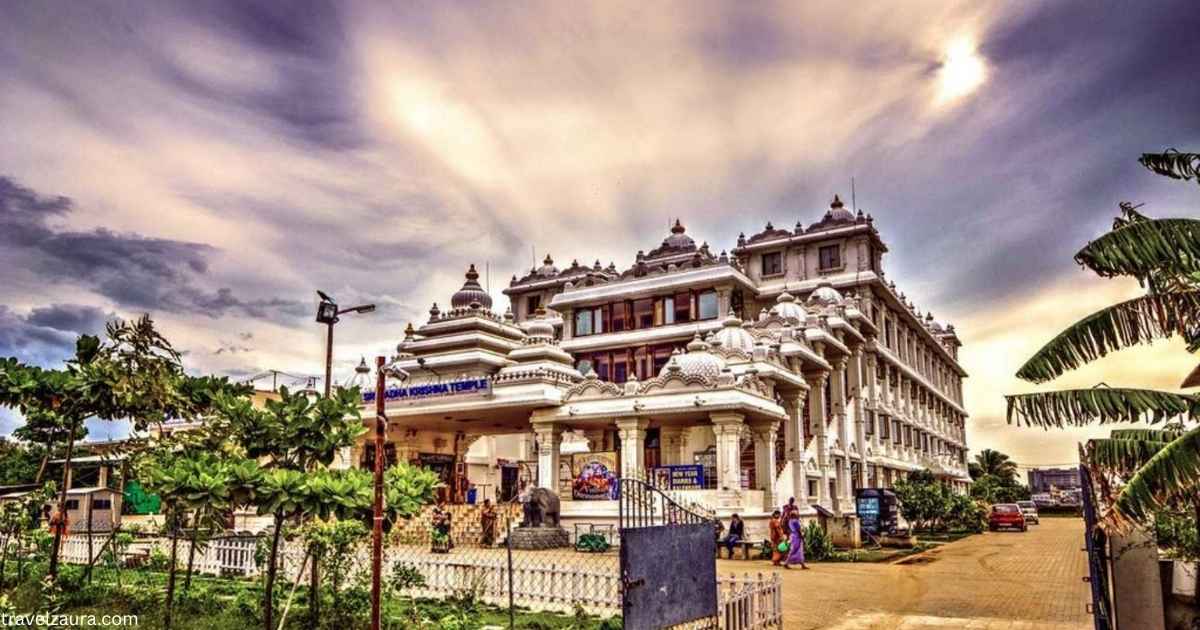 ISKCON Chennai temple entrance welcoming devotees during morning darshan timings 2026.