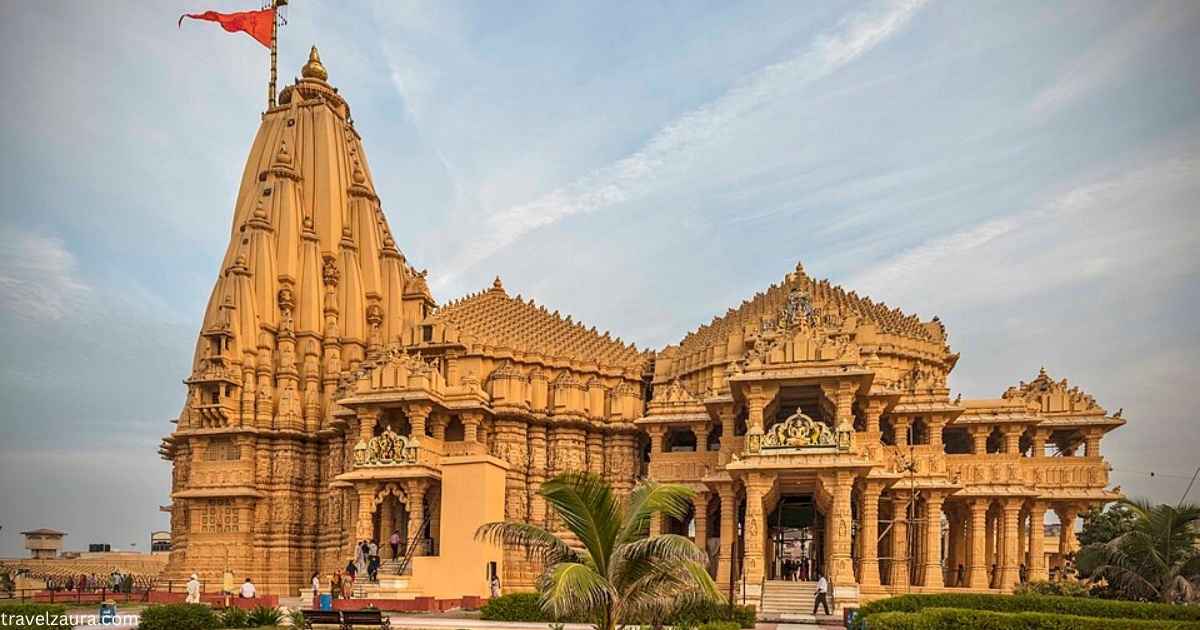 Somnath Temple front view with Arabian Sea in background, Gujarat.