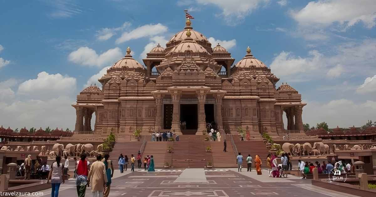 Akshardham Temple Delhi at dusk, featured for Akshardham tickets price guide.