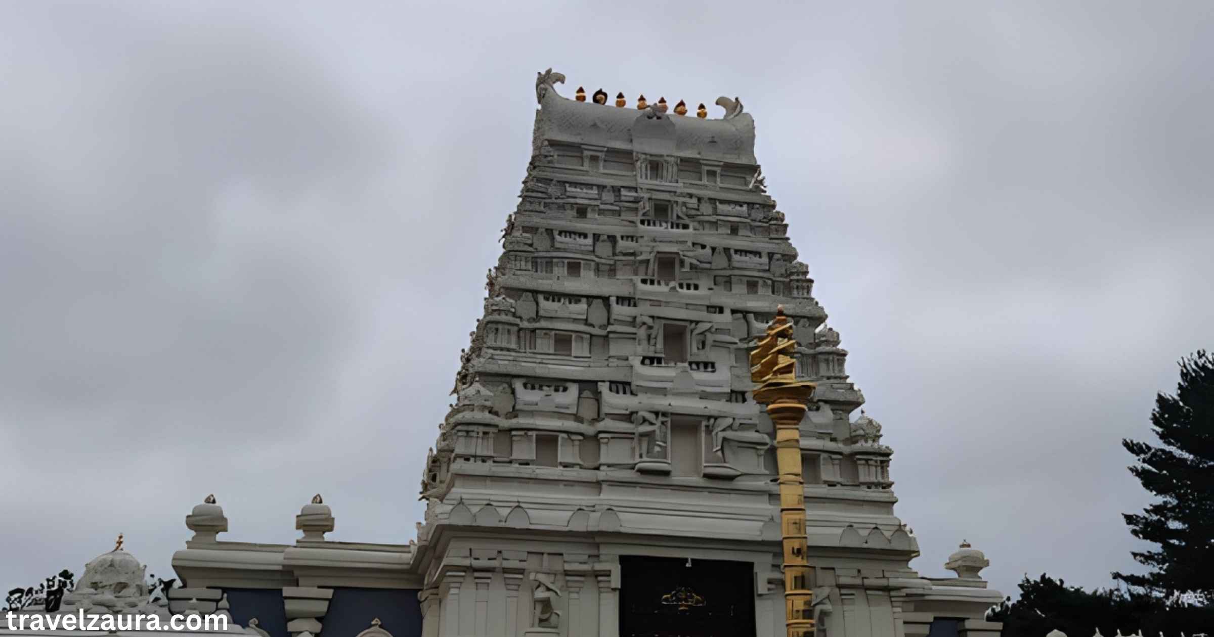 Hindu Temple St Louis exterior with carved gopuram tower.