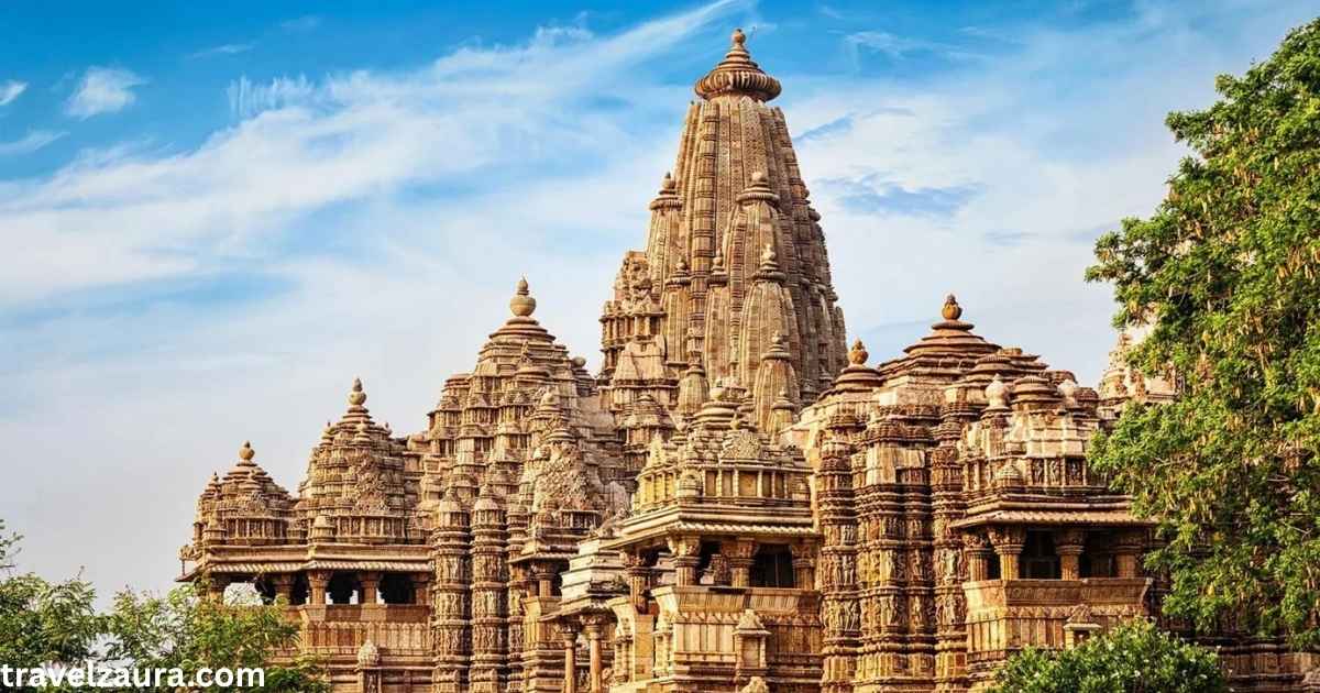 Ancient Indian temple with carved stone towers at sunset.