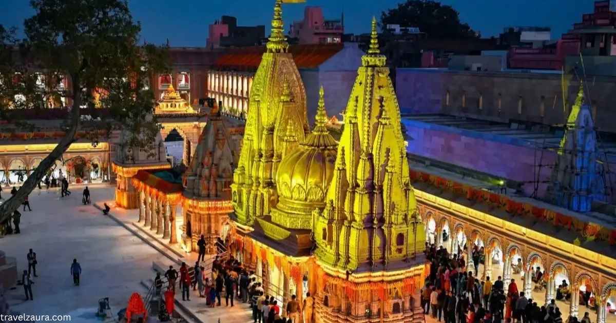 Kashi Vishwanath Temple entrance with devotees during VIP darshan hours,