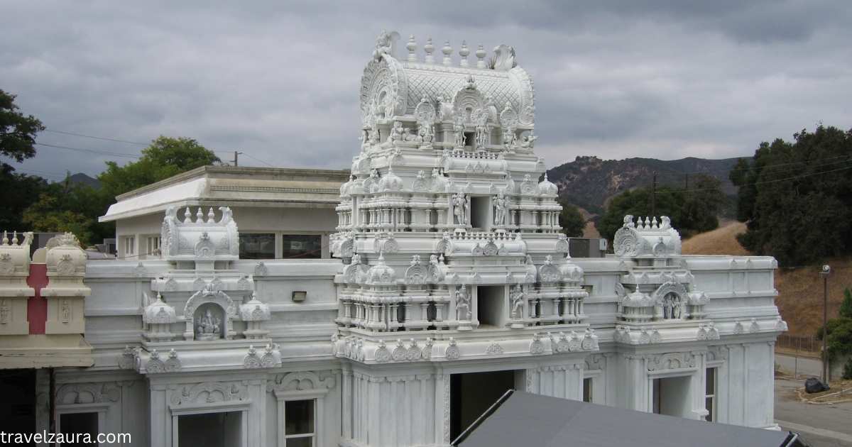 Malibu Hindu Temple gopuram against the Santa Monica Mountains, Calabasas, California.