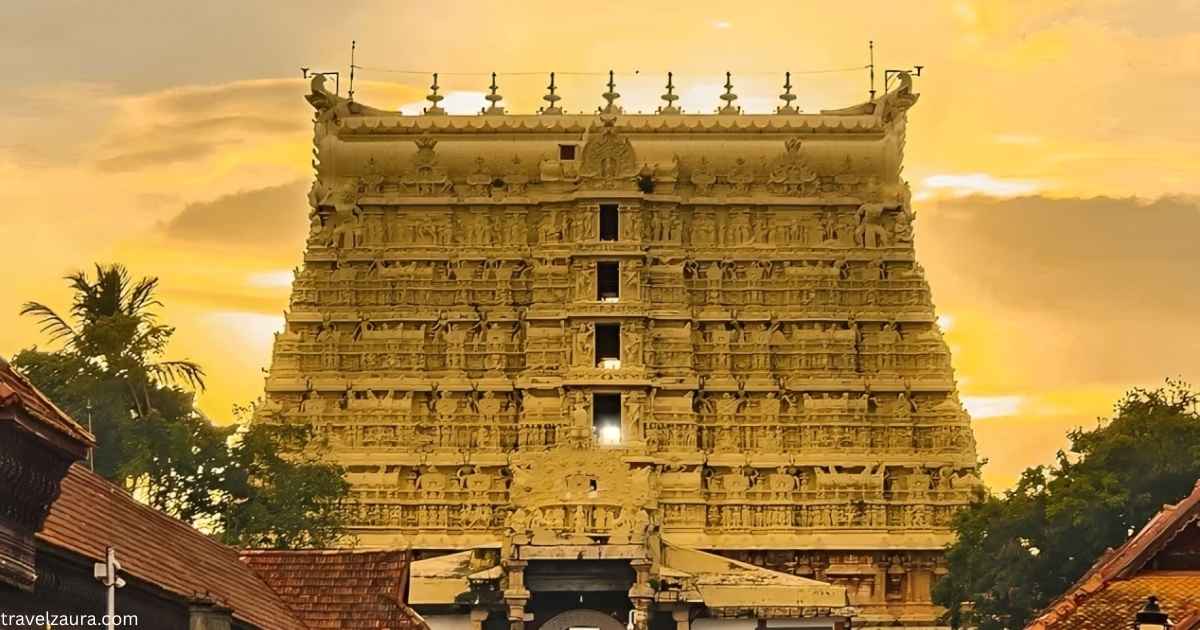 Sree Padmanabhaswamy Temple gopuram with devotees queuing for darshan.