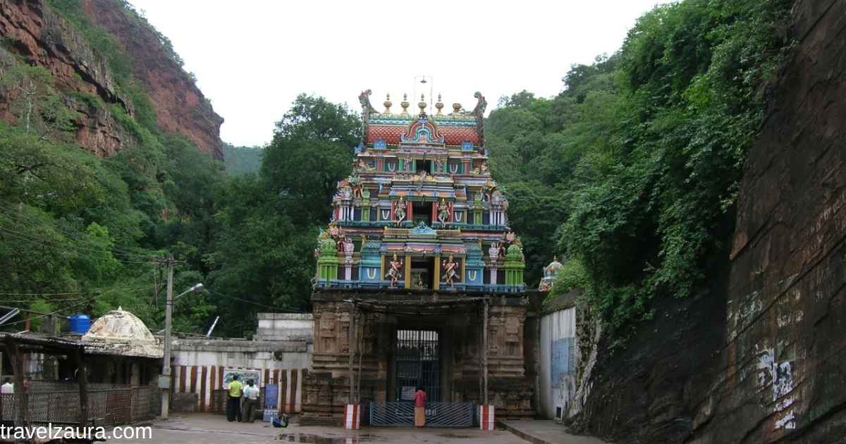 Ahobilam temple timings guide with hillside shrine view.