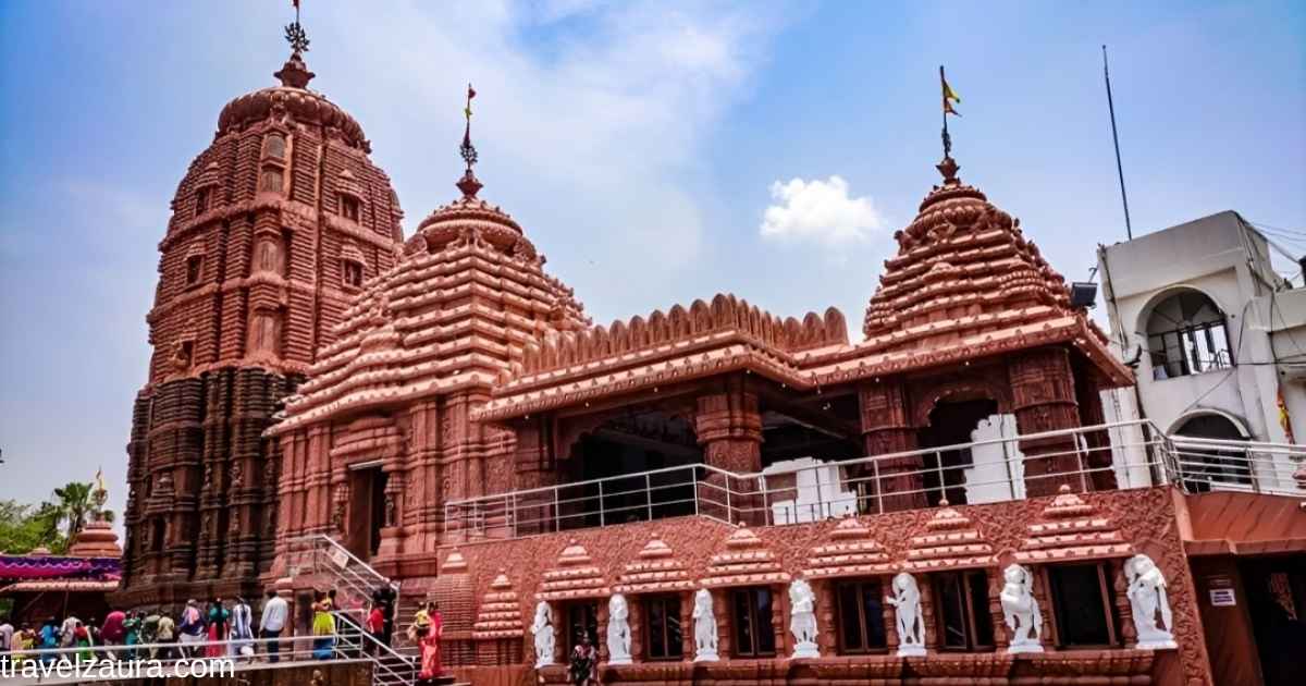Red sandstone Jagannath Temple tower in Banjara Hills, Hyderabad.