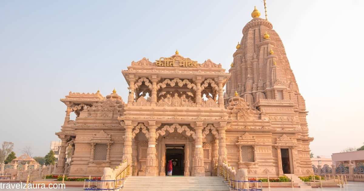 Banke Bihari Temple entrance with devotees gathered for darshan in Vrindavan.
