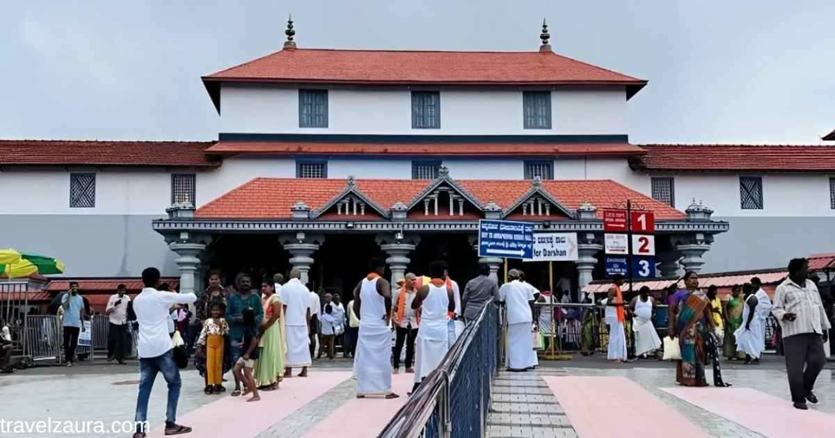 Pilgrims at Dharmasthala Temple during morning darshan timings.
