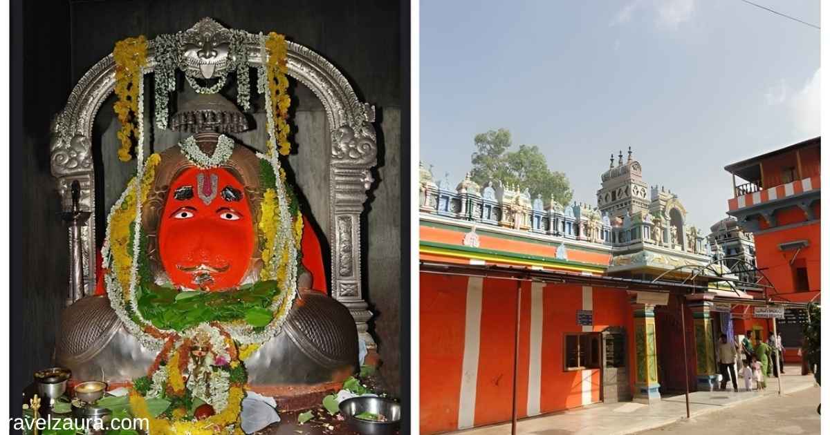 Karmanghat Hanuman Temple gopuram entrance in Hyderabad.