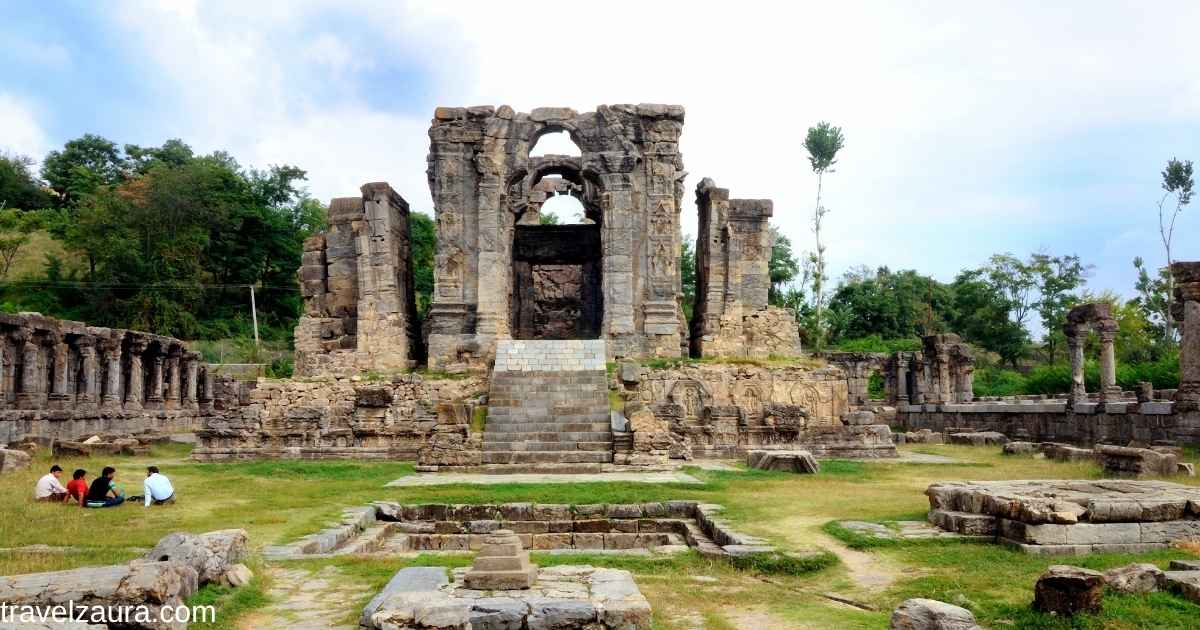 Ancient ruins of Martand Sun Temple on a plateau in Kashmir.