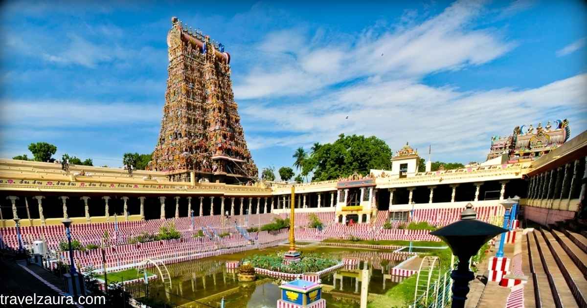 Colourful gopurams of Meenakshi Temple Madurai at sunset.