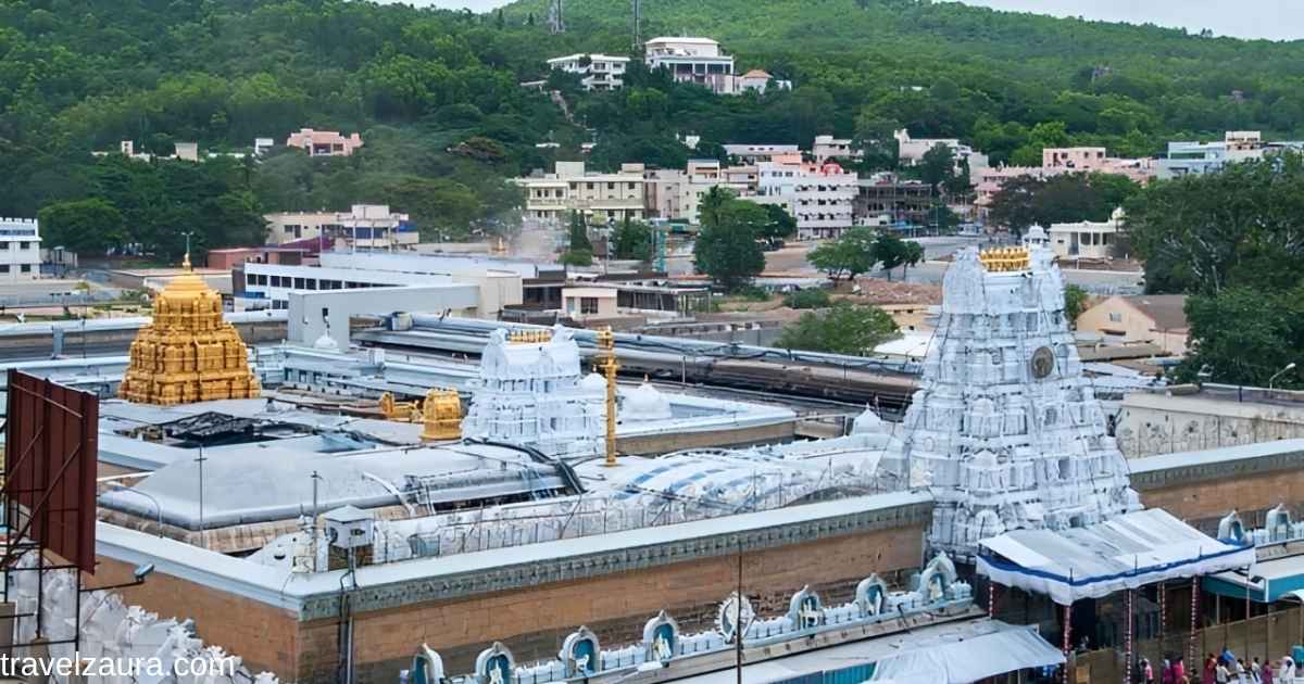 Golden gopuram of Tirupati Balaji Temple on Tirumala hills, Andhra Pradesh.