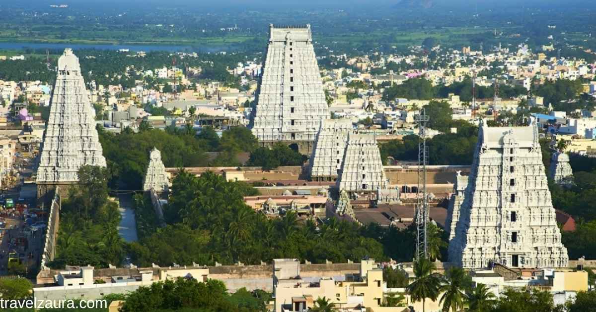 Arunachaleswarar Temple gopuram at sunrise, checked often for Tiruvannamalai temple timings.