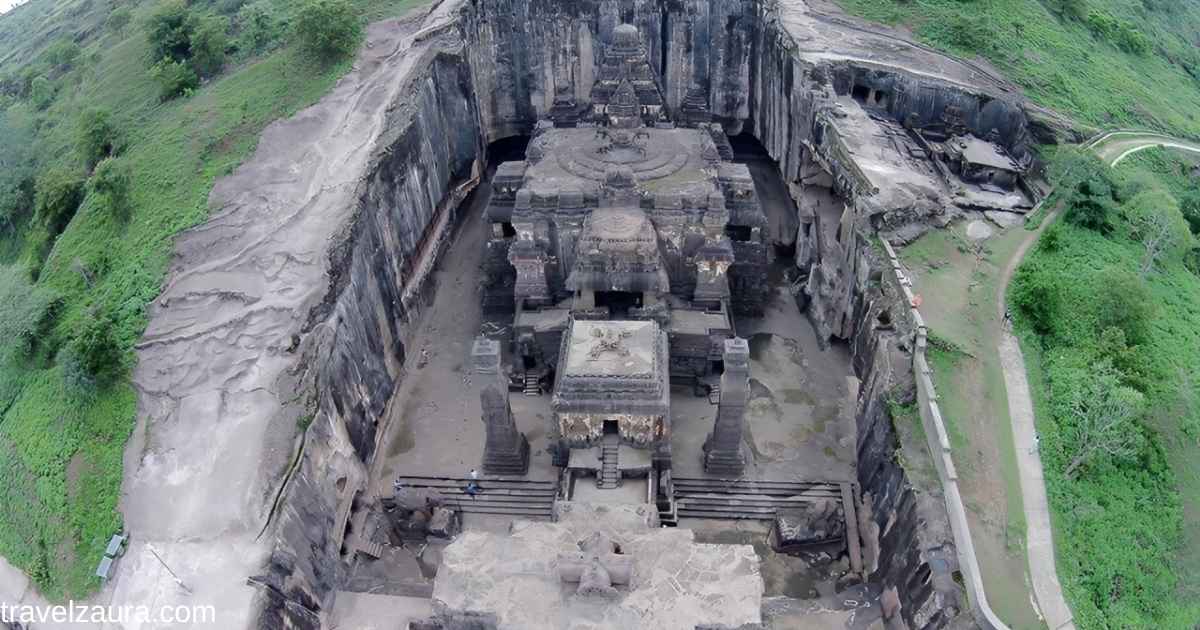 Kailash Temple Ellora carved from a single basalt hill in Maharashtra.