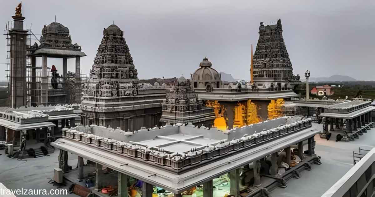 Swarnagiri Temple timings visit: gopurams and 108 steps on Manepally Hill at dusk.